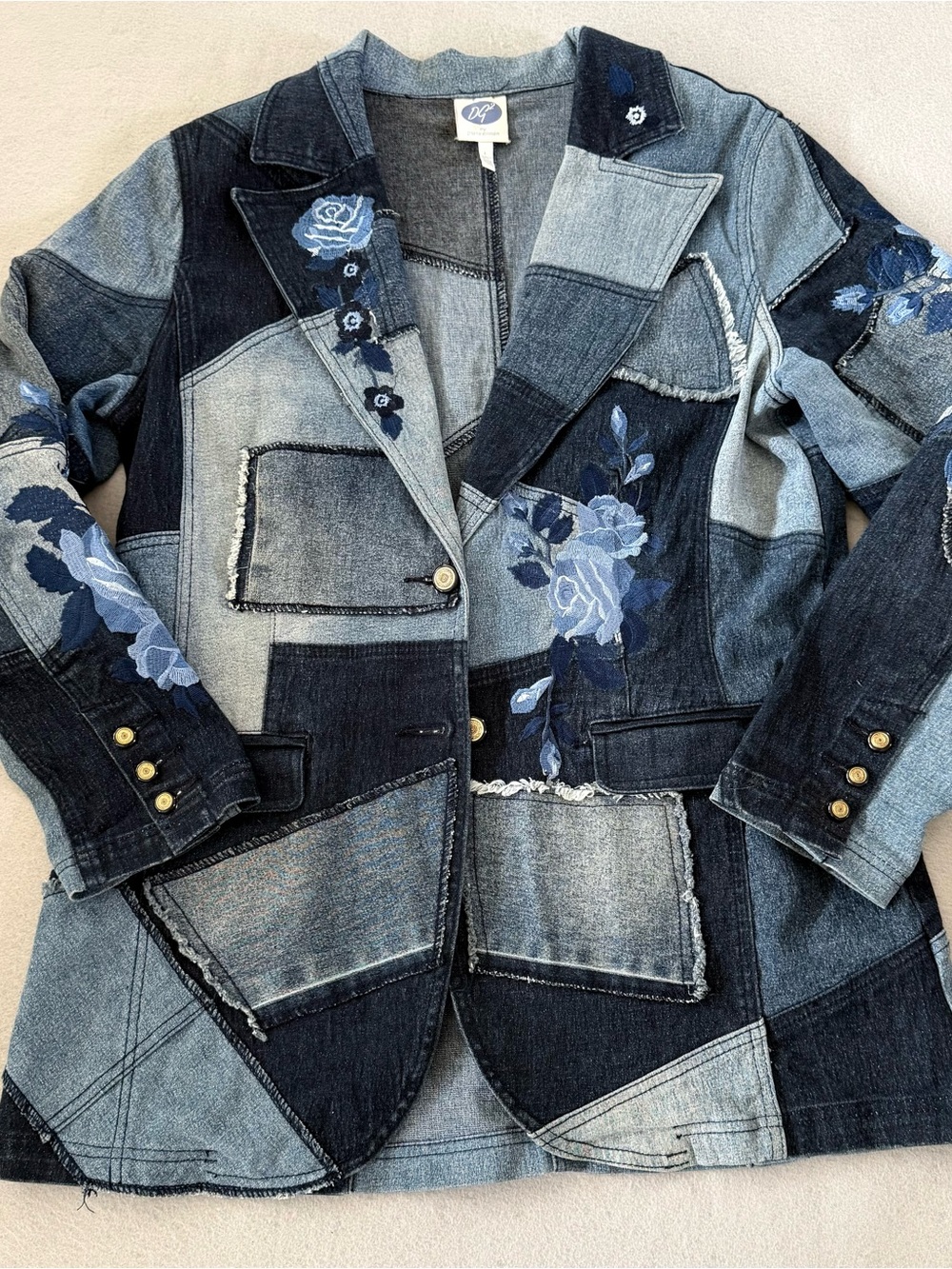 Diane Gilman Patchwork Denim Blazer Jacket Floral Applique Raw Edge Artsy Boho L
